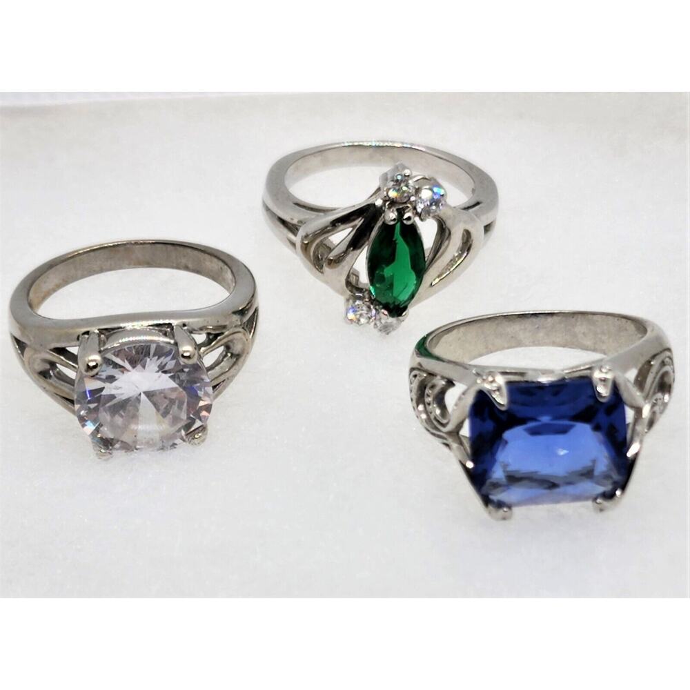 Rings-Diamond Candle Rings-Different Colors-Silver Tone-Lot of 3 All Size 7